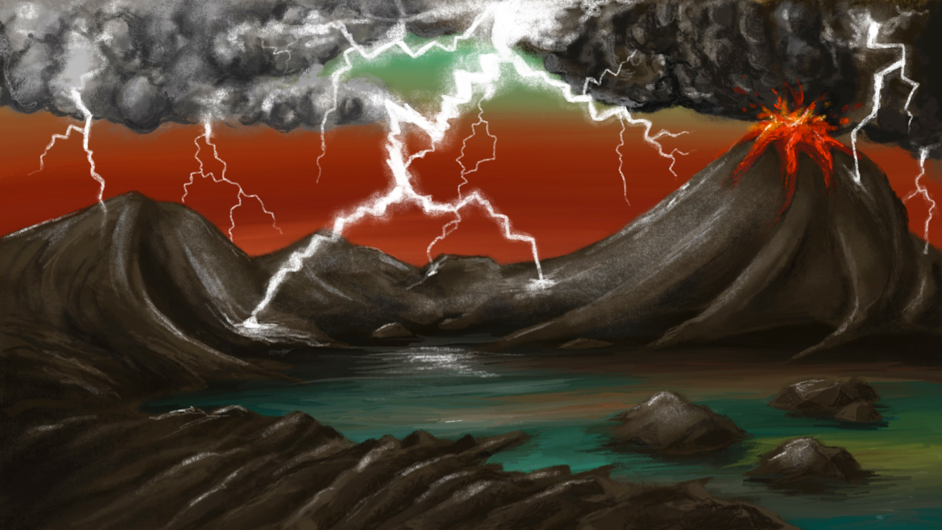 An artist's rendition of the early Earth environment. Lightning generated by storms and volcanic plumes frequently strikes volcanic rocks. The lightning strikes create fulgurites which contain phosphorus in a form that can be dissolved in water and concentrate in waters like volcanic ponds. Here, the phosphorus is able to form biomolecules which help lead to the emergence of life.