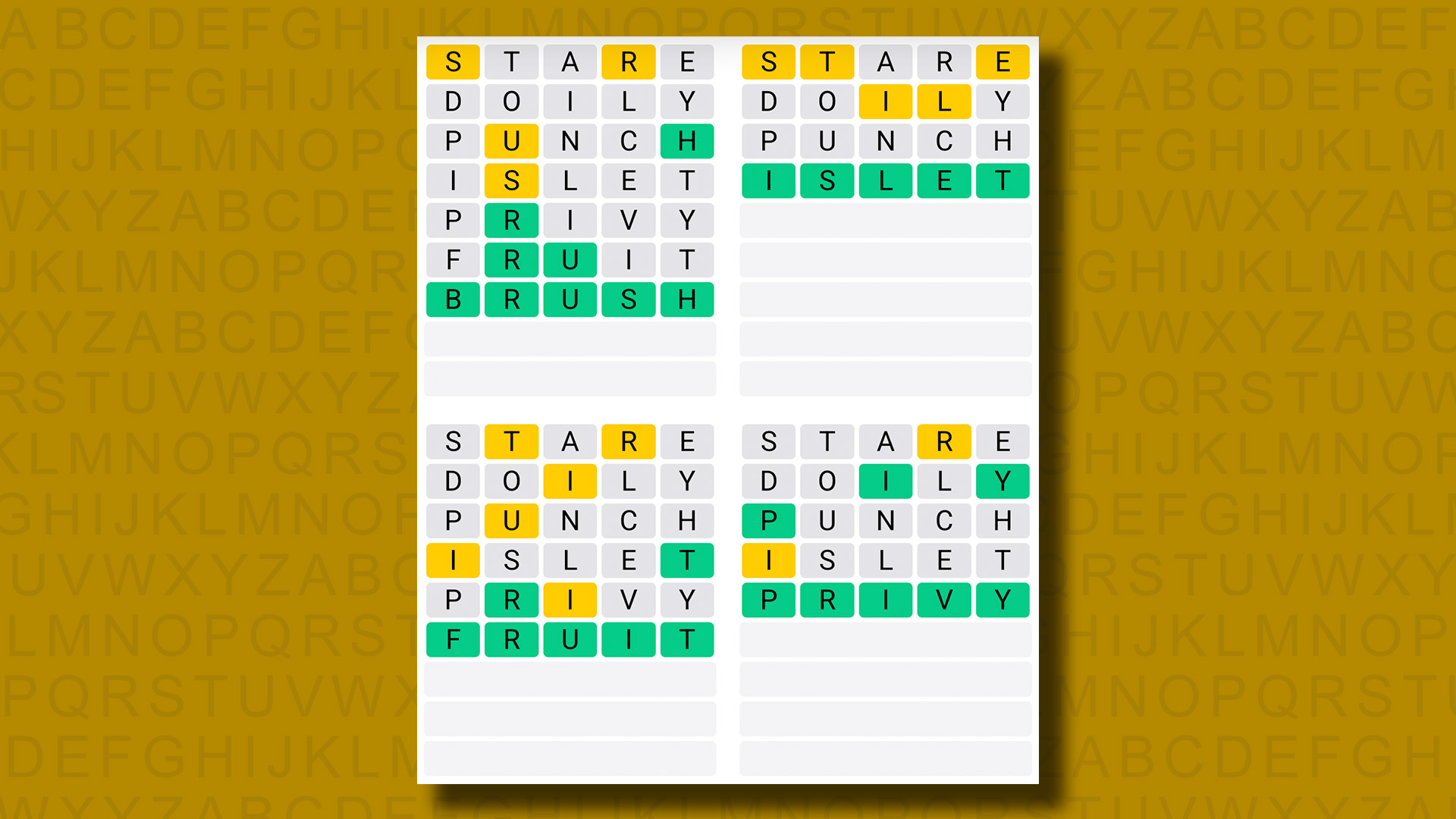 Quordle answers for game 1242 on a yellow background