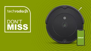 iRobot Roomba Vac Robot Vacuum Q0120 with iRobot app displayed on green background with TechRadar don't miss sign