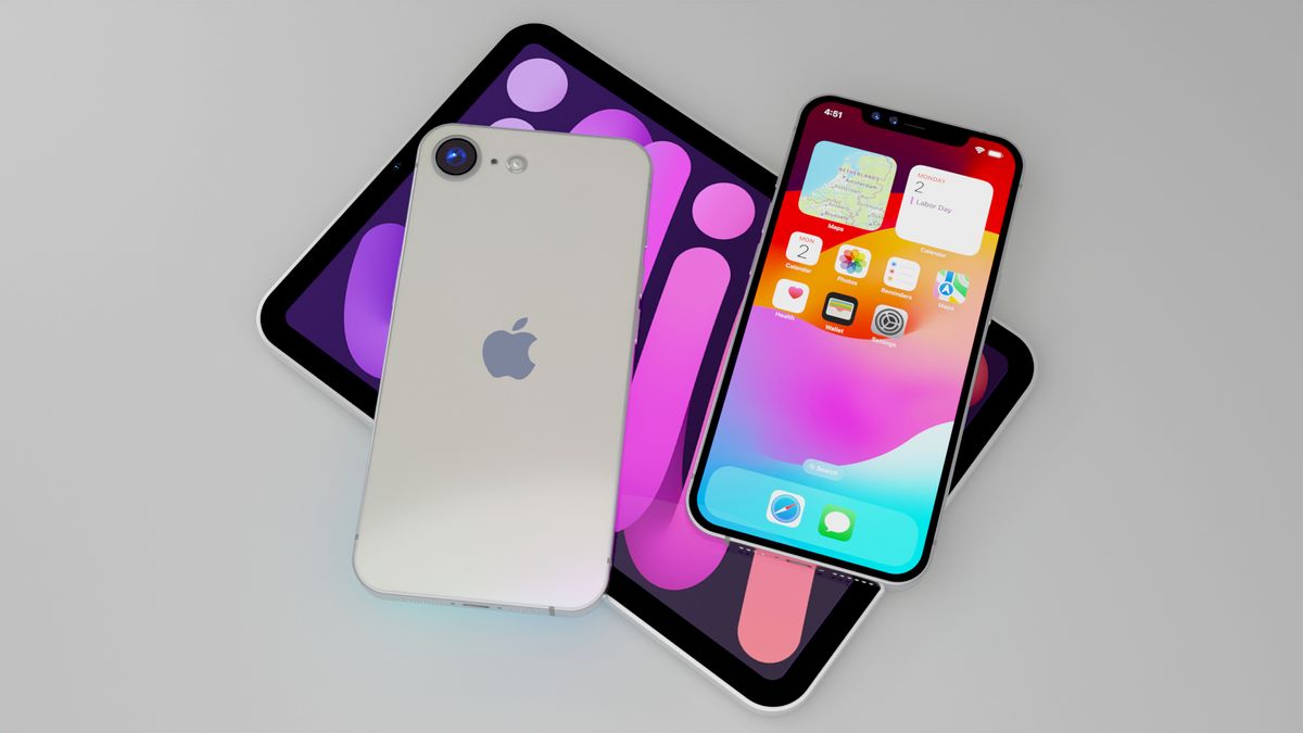 3D render of the iPhone SE 4 and iPad mini 7 based on information gathered from rumors and leaks. Two iPhone SE 4 smartphones sit on top of an iPad mini 7, one is facing up to show its display, the other is facing down to show its back and camera array.