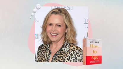 an image of author and wellness guru liz earle in a leopard print dress, smiling, with her book how to age will in the bottom right, and a few blobs of sunscreen on the top left