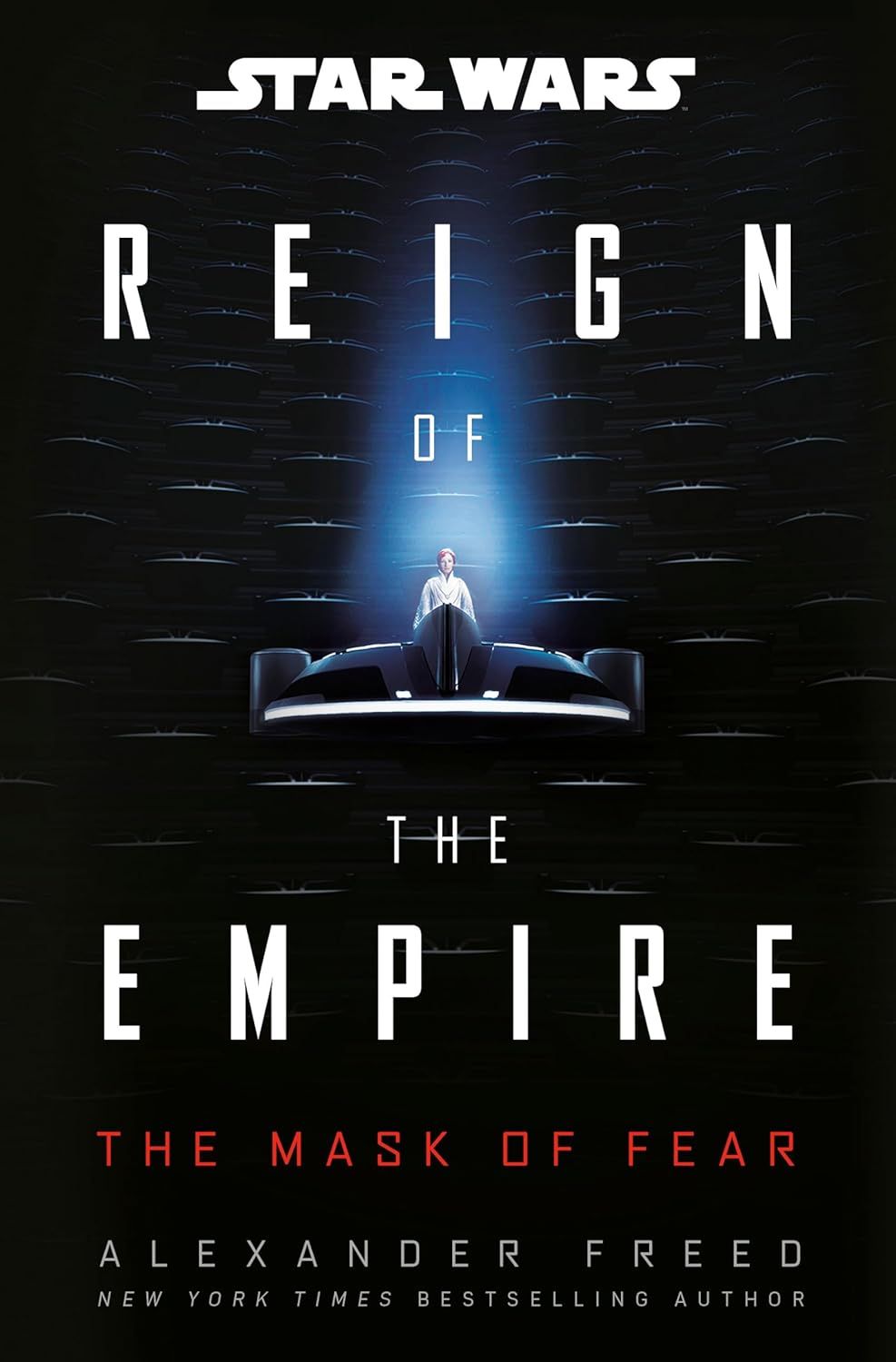 A book cover for a sci-fi novel with a white-robed woman in a dark auditorium