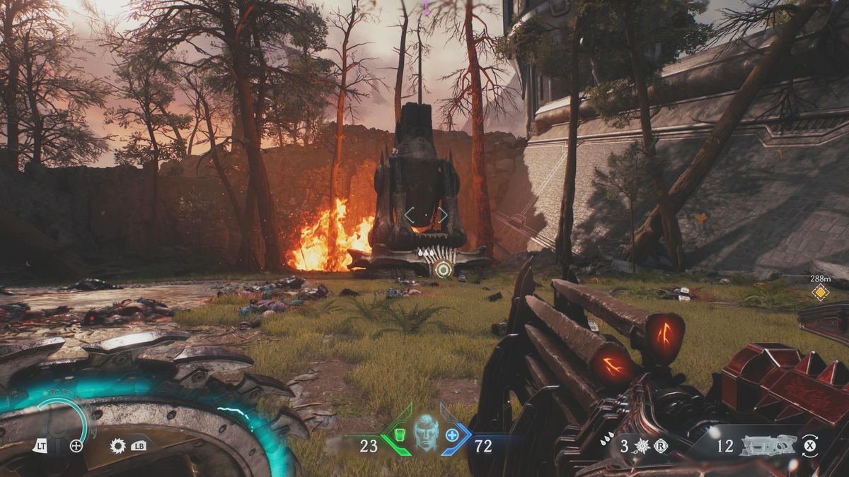 Doom: The Dark Ages artillery cannon locations Siege Part 1 - An artillery cannon surrounded by burned trees and fire.
