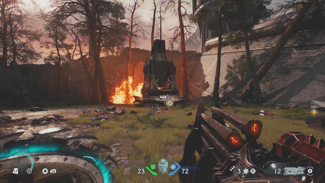 Doom: The Dark Ages artillery cannon locations Siege Part 1 - An artillery cannon surrounded by burned trees and fire.