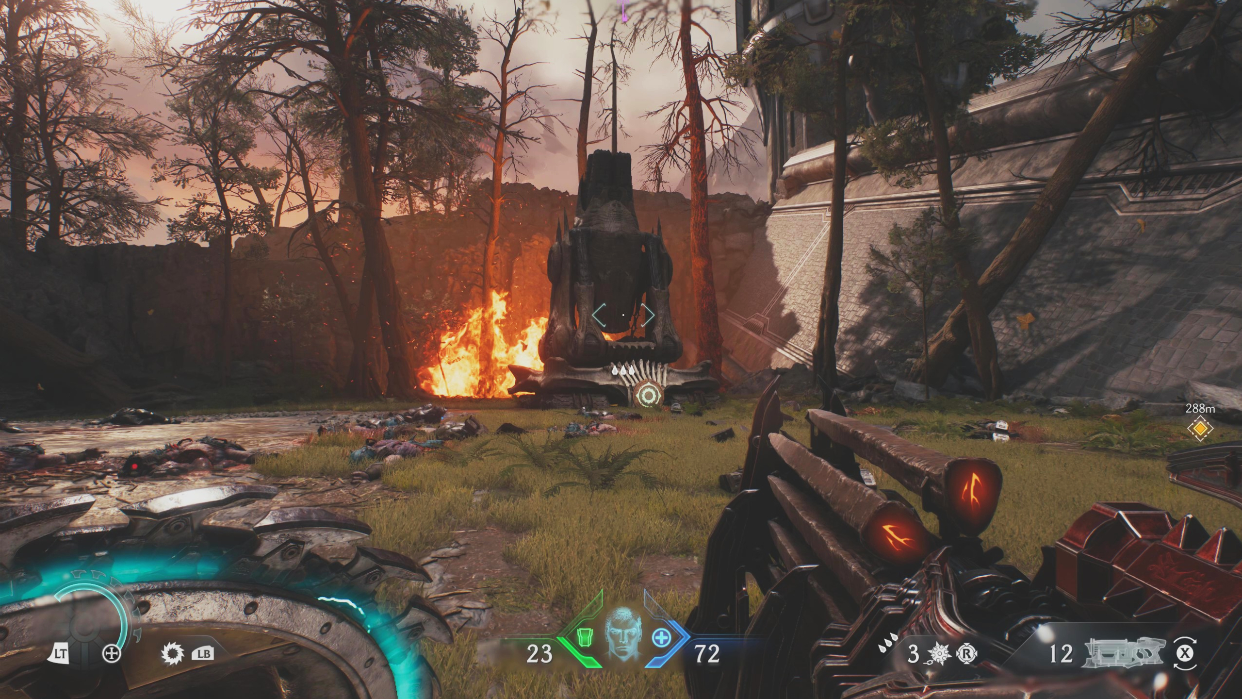 Doom: The Dark Ages artillery cannon locations Siege Part 1 - An artillery cannon surrounded by burned trees and fire.