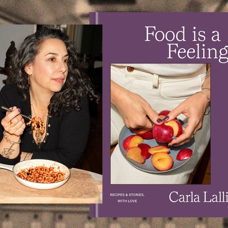 an image of author and chef carla lalli eating a plate of pasta opposite the cover of her cookbook food is a feeling with an image of hands cutting fruit over a backdrop of chefs in a kitchen