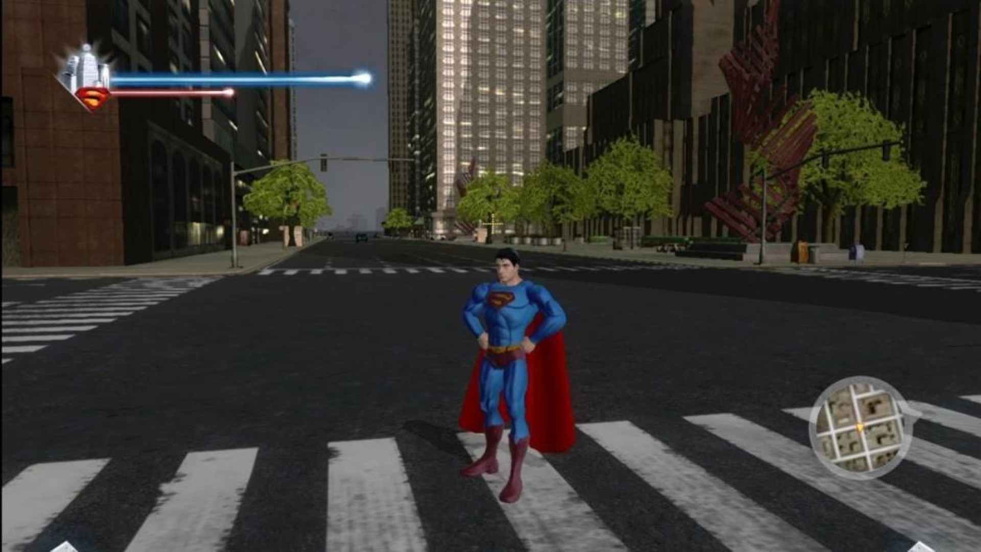 Superman stands with hands on hips in the Superman Returns game