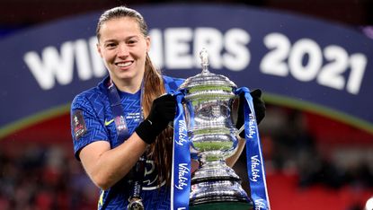 Fran Kirby of Chelsea celebrates with the Women's FA Cup  