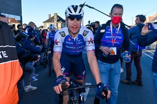 Dutch Fabio Jakobsen of QuickStep Alpha Vinyl celebrates after winning the KuurneBrusselsKuurne one day cycling race 1951 km from Kuurne to Kuurne via Brussels Sunday 27 February 2022 BELGA PHOTO ERIC LALMAND Photo by ERIC LALMANDBELGA MAGAFP via Getty Images