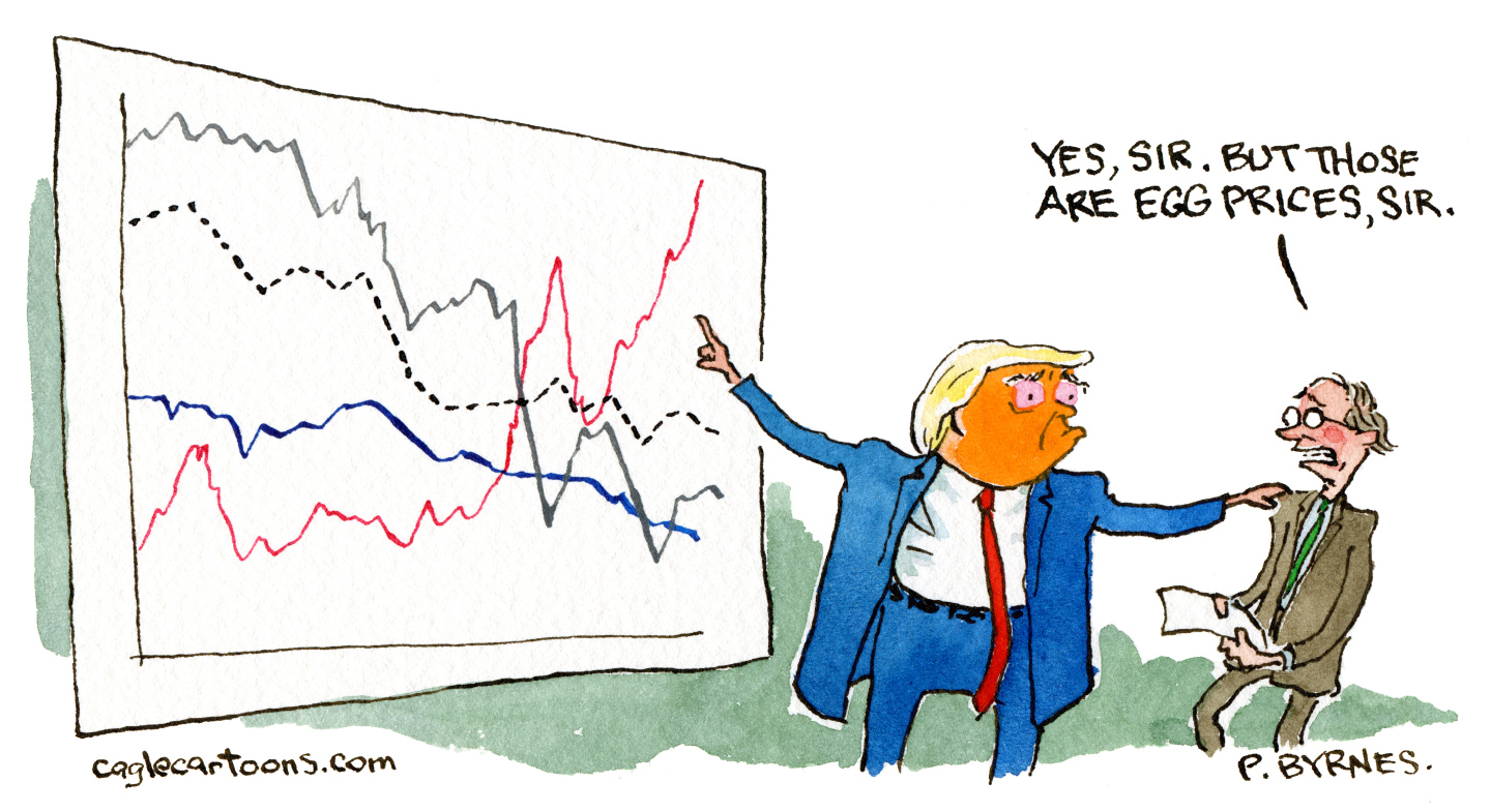This political cartoon shows an orange-faced Donald Trump looking exasperated standing next to a scared-looking aid. Trump is next to a chart which shows a series of wildly ascending and descending lines. He points to a line that is trending up. The aid says, "Yes, sir. But those are egg prices, sir."