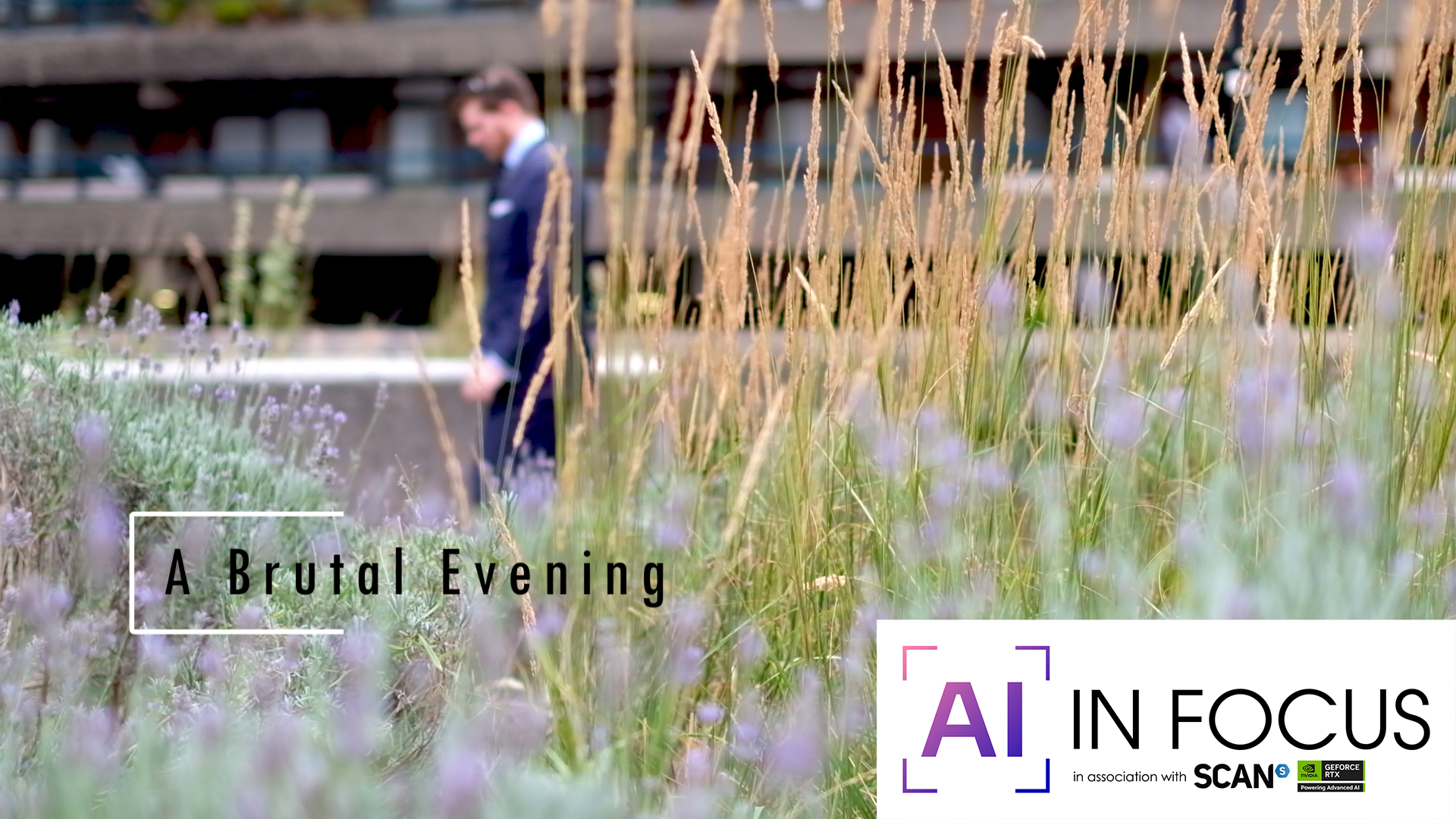 A brutal evening film still with a person next to flowers