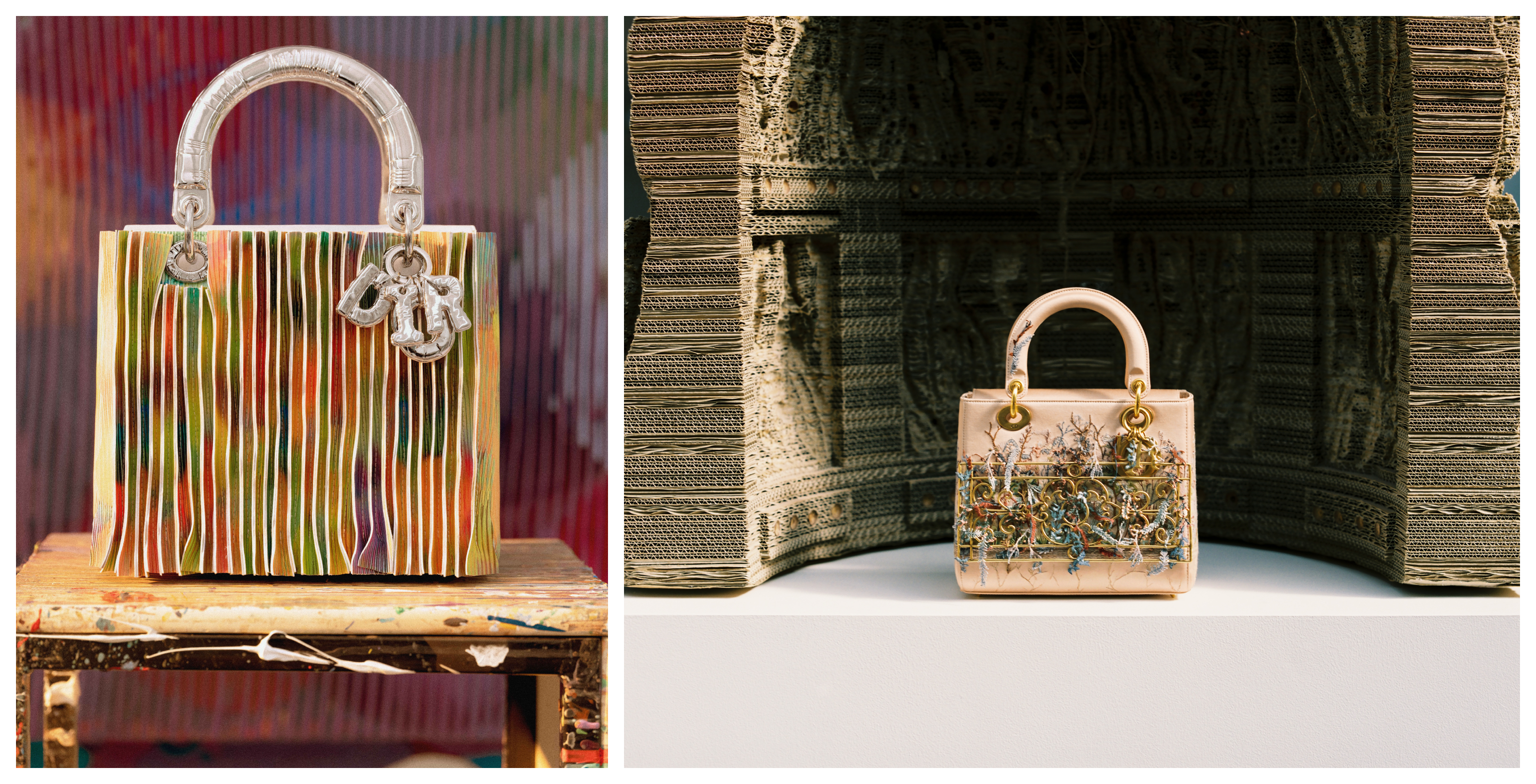 two dior lady art bags in front of set displays in a dior workshop