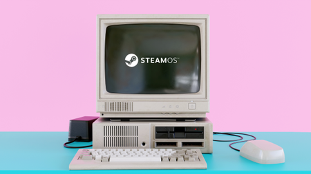 Old computer from the 1980s stands on a desk with SteamOS logo