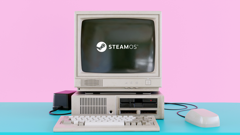 Old computer from the 1980s stands on a desk with SteamOS logo