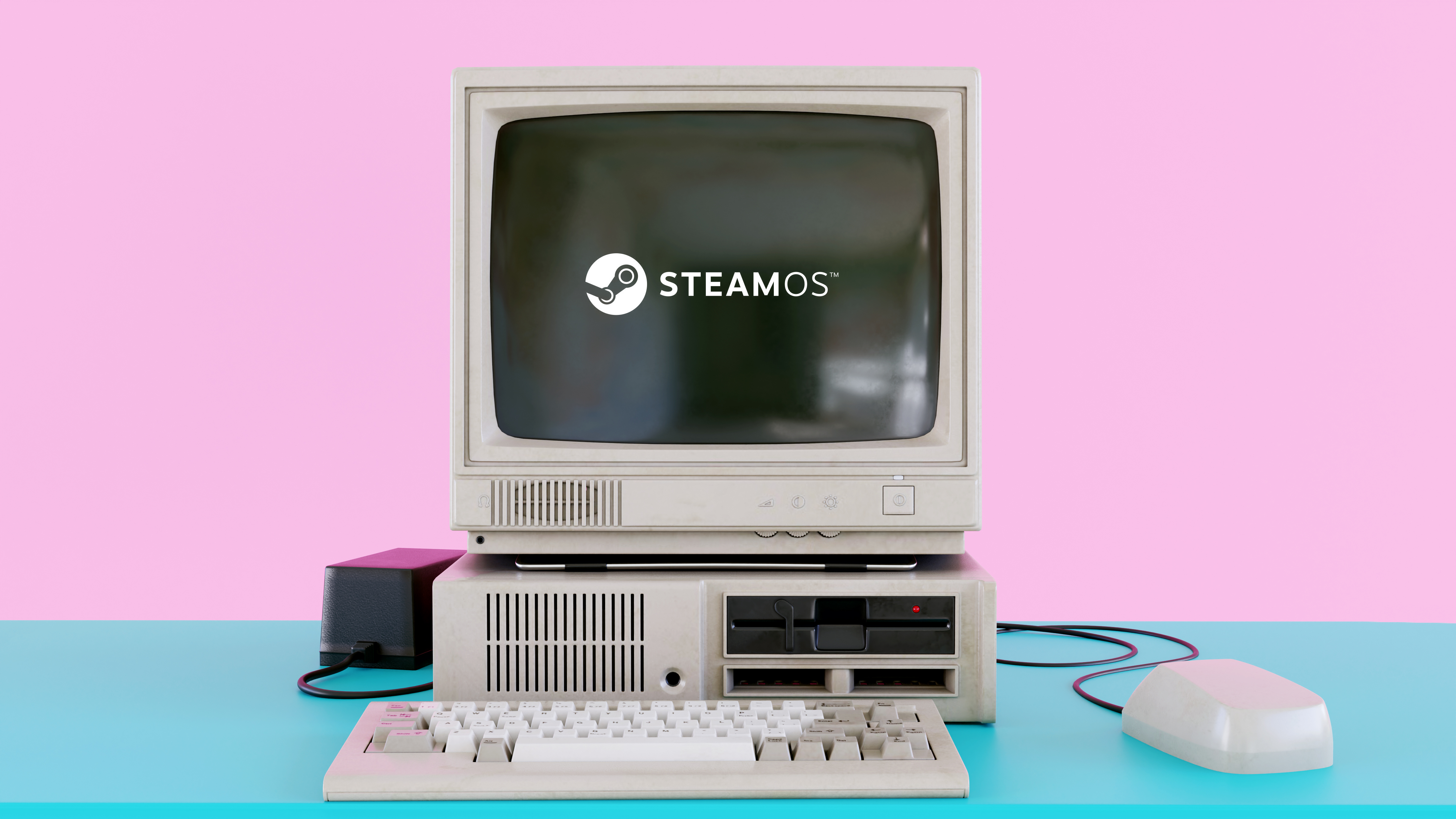 Old computer from the 1980s stands on a desk with SteamOS logo