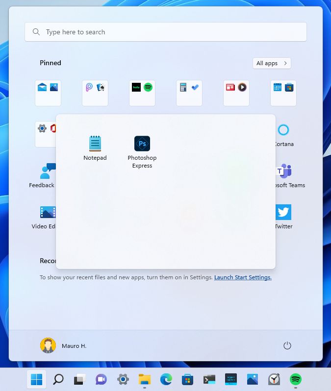 Start menu with folders