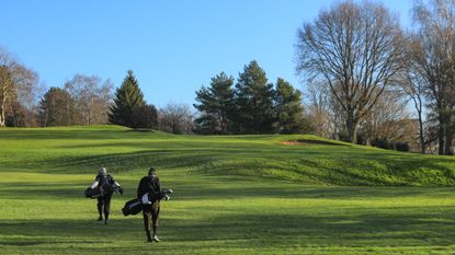 Golfers walk on a fairway in winter