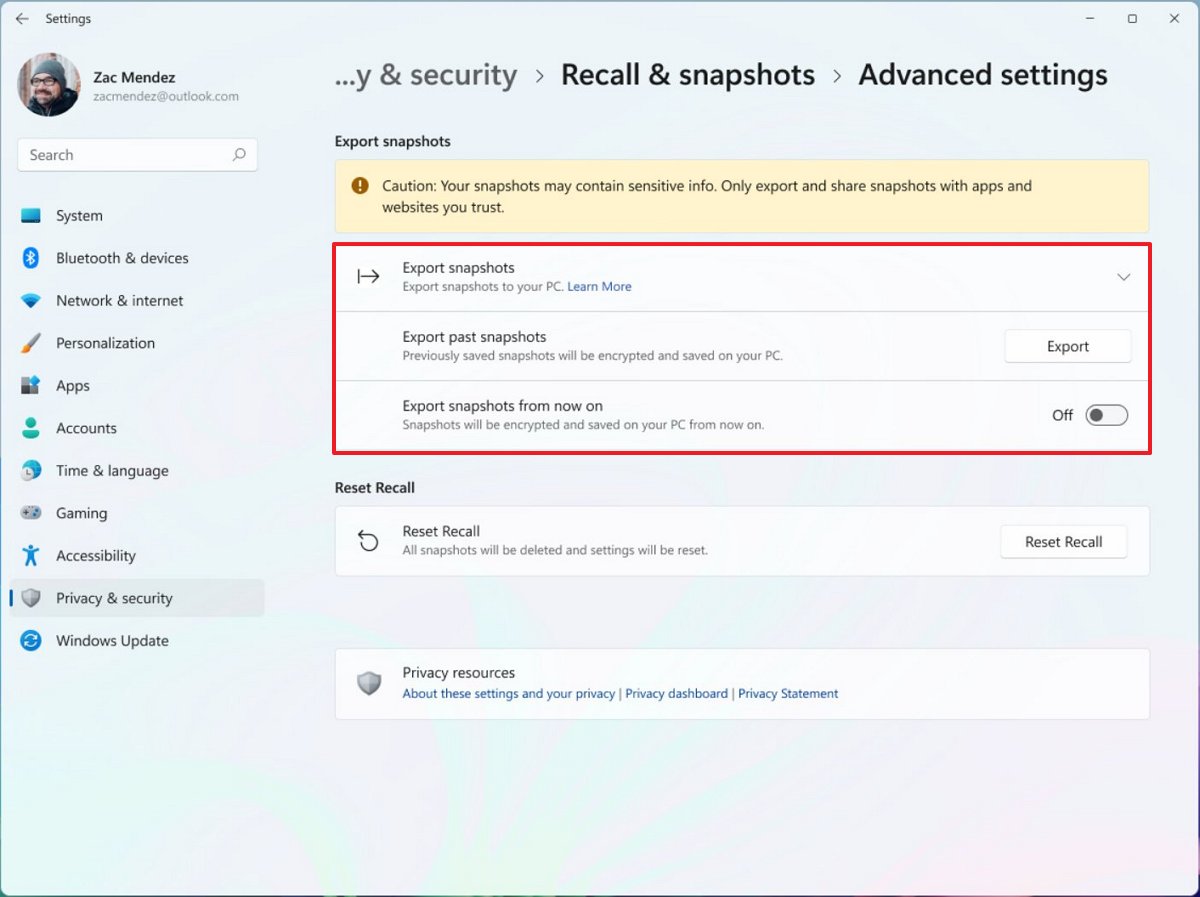 Windows Recall export option