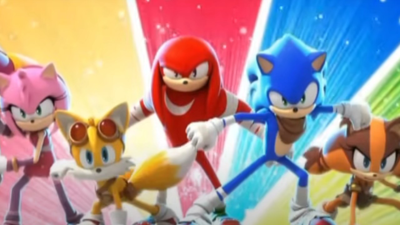 Amy Rose en el extremo izquierdo con su grupo de amigos en Sonic Boom