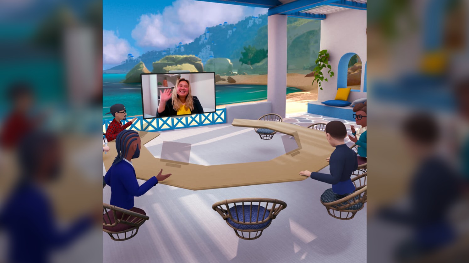 Group meeting with VR avatars and real life webcam in VR conference tool Horizon Workrooms.  Virutal avatars are sitting around a circular table (with no middle) with a nice beach background.