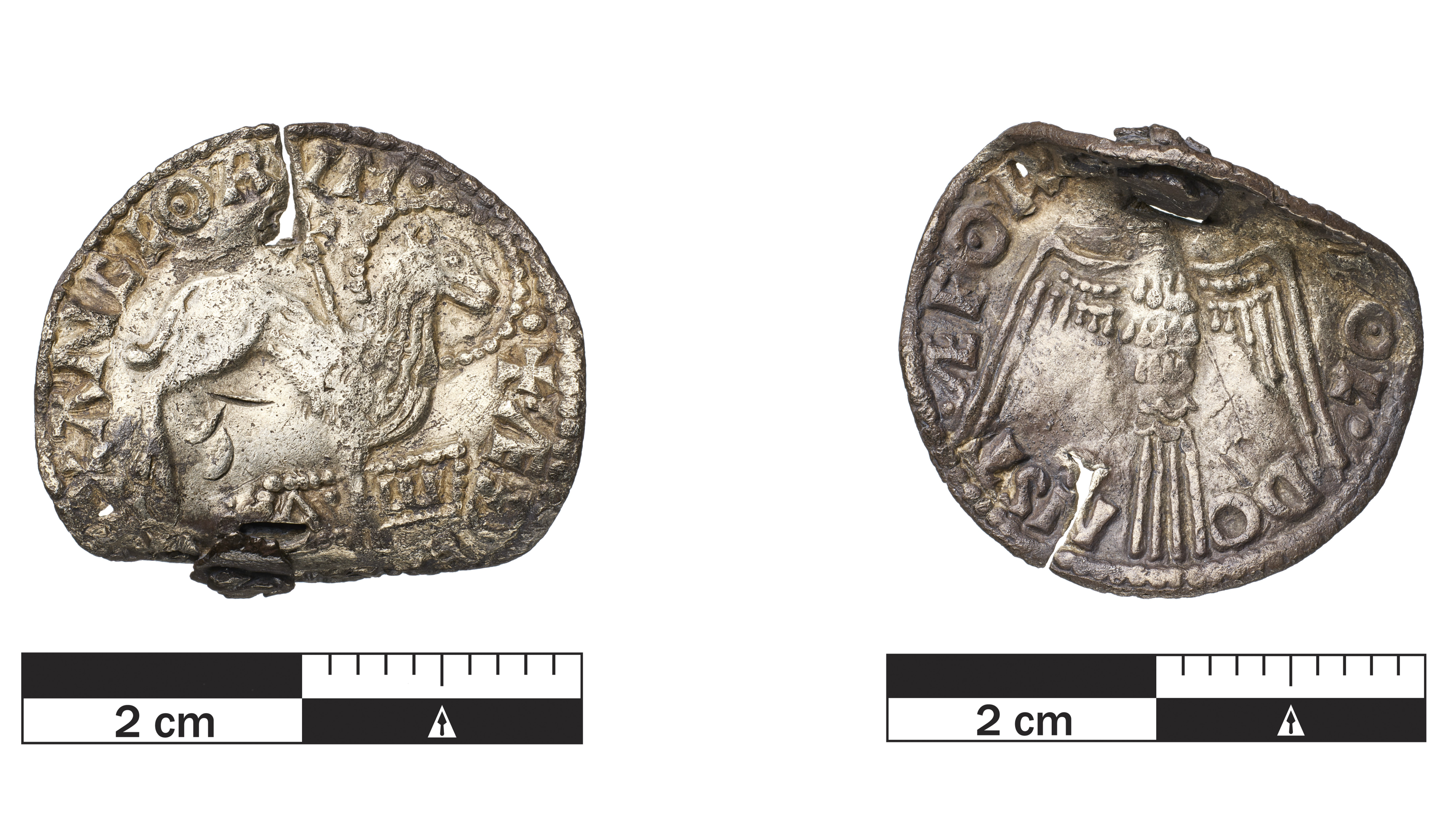 composite image of two sides of a medieval silver coin featuring a "lamb of God" and a dove