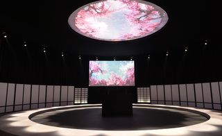 The 'Salle Ronde' outfitted with serene projections of cherry blossoms under a blue sky background, with paper and wood walls replicating the interiors of a traditional Japanese house