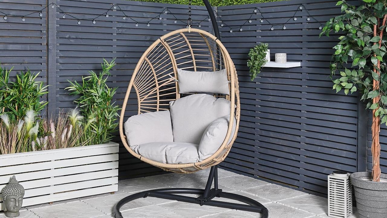 The Range Selene Hanging Egg Chair displayed in garden