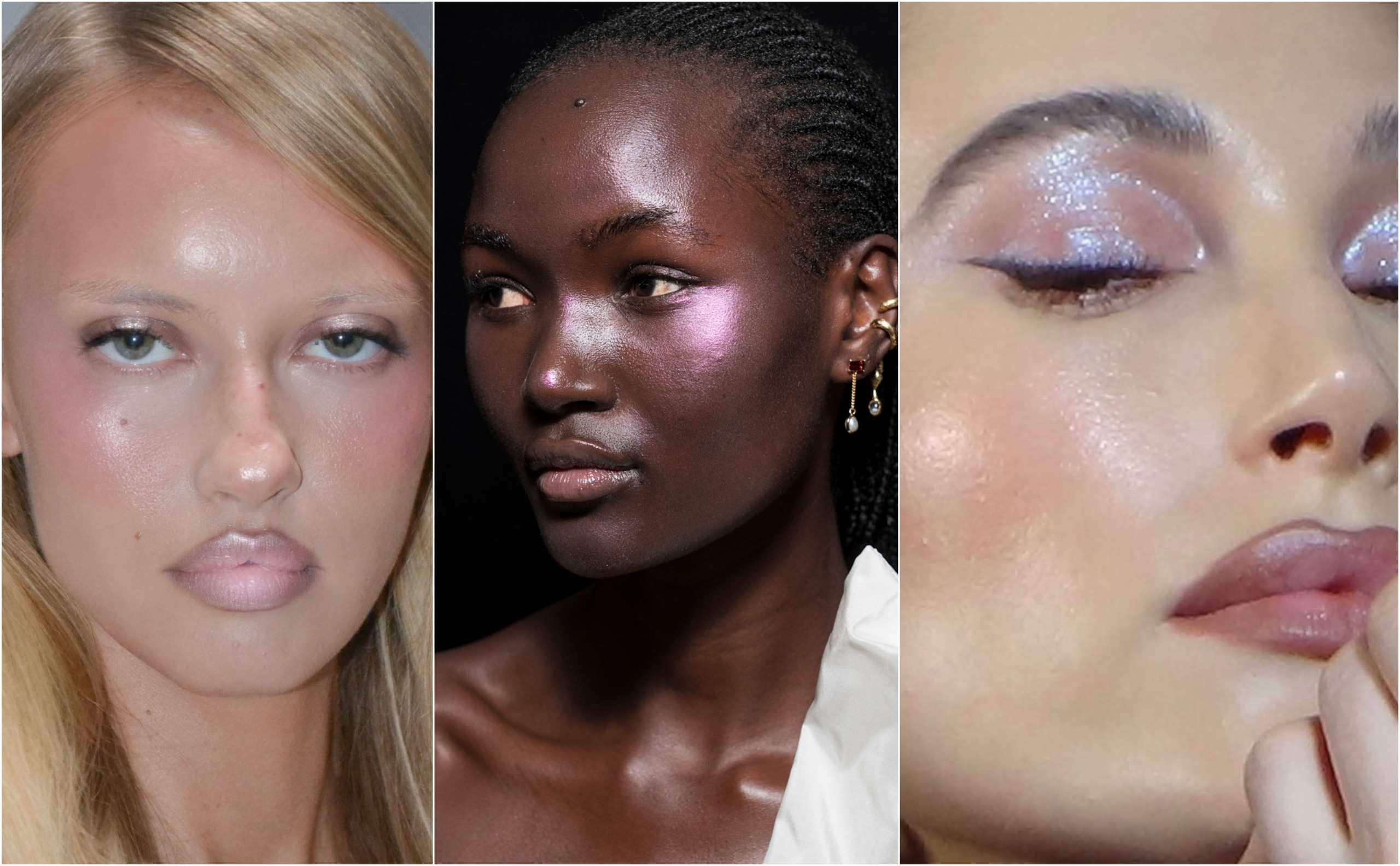Frosted makeup looks side by side, pale shimmery lips on the left and pink-purple highlight across the middle model&amp;rsquo;s cheeks, icy lilac glitter on the eyelids at right