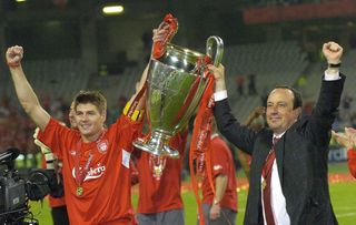 Rafael Benitez and Steven Gerrard lift the Champions League trophy