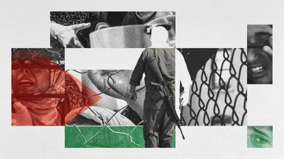 Photo collage of starving Palestinian women and children awaiting food at a wire fence, with a figure of an armed man looking on