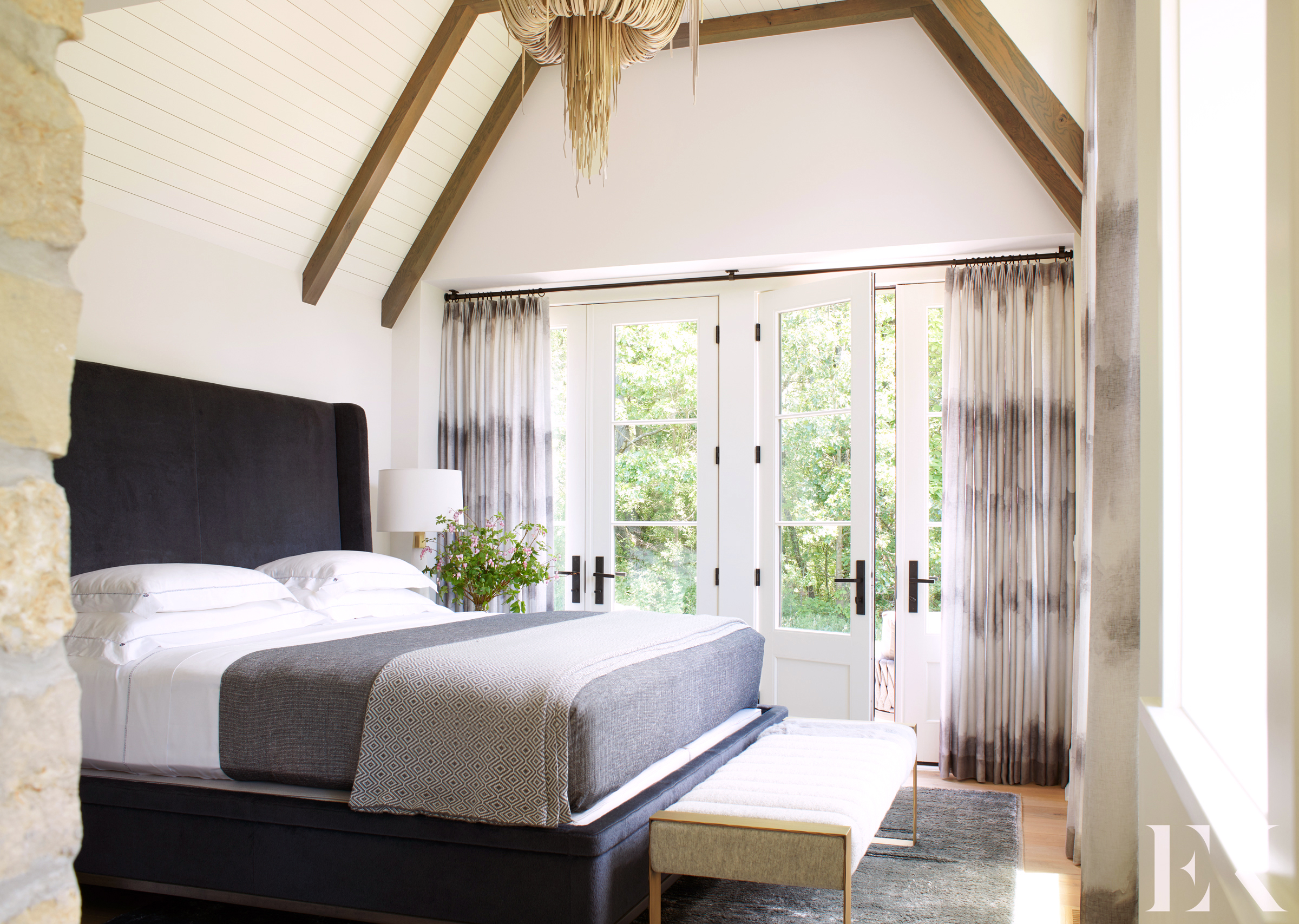 bedroom with French doors and curtains