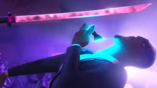 Sterling dodging a sword in the trailer for Spies in Disguise.