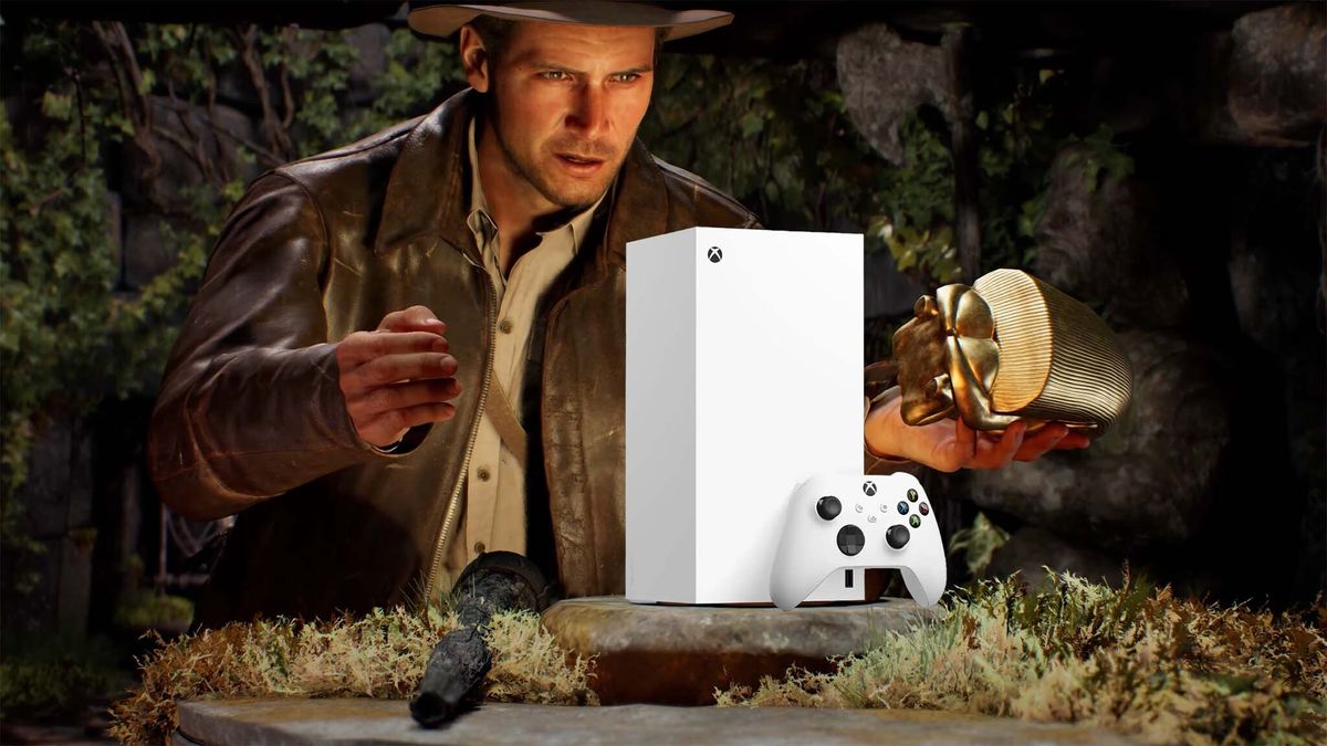 Indiana Jones holding a gold idol, looking at an Xbox Series X