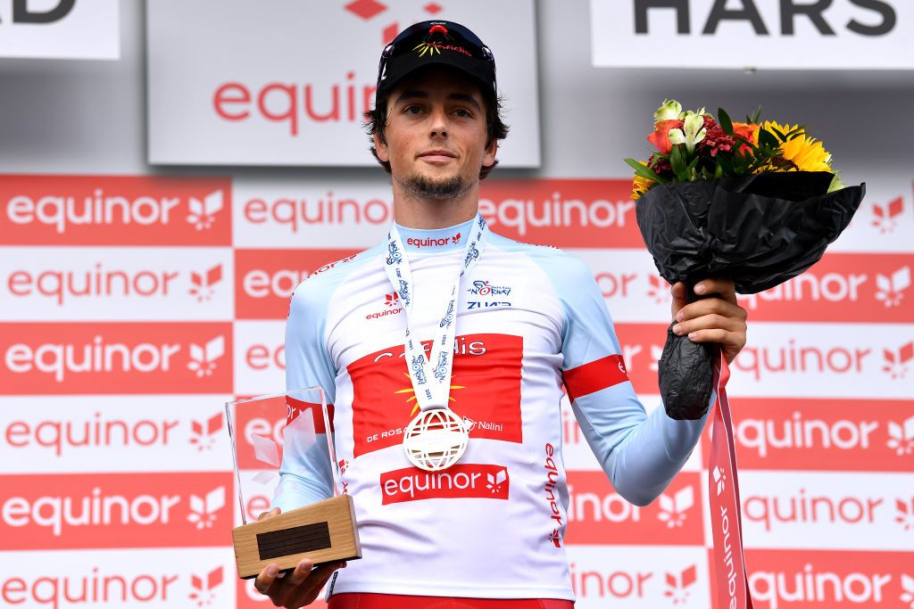HARSTAD NORWAY AUGUST 08 Victor Lafay of France and Team Cofidis White Best Young Rider Jersey celebrates at podium during the 8th Arctic Race Of Norway 2021 Stage 4 a 1635km stage from Gratangen to Harstad 54m ArcticRace on August 08 2021 in Harstad Norway Photo by Stuart FranklinGetty Images