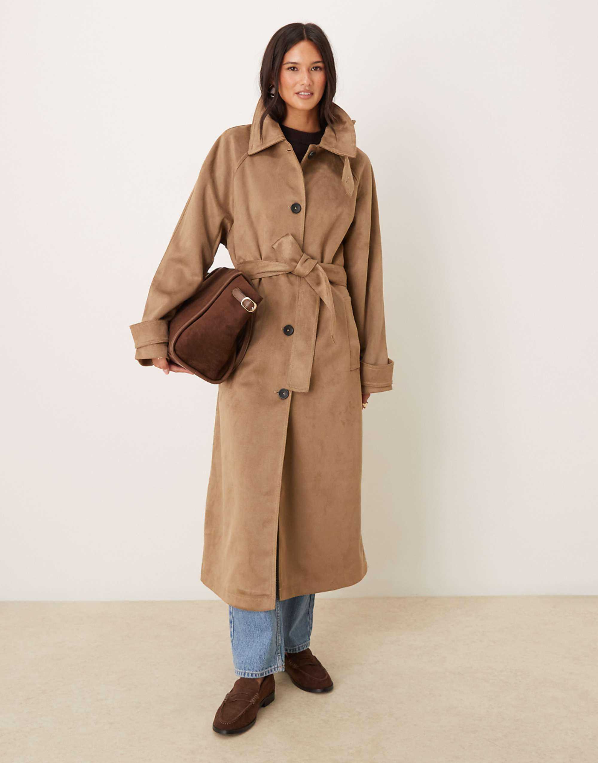 Asos Design Faux Suede Funnel Neck Trench Coat in Stone