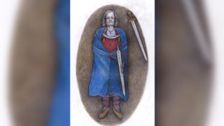 This reconstruction shows how the grave may have looked sometime after the person was buried. They have a sword on their left side and another sword that was placed above the burial at a later date.