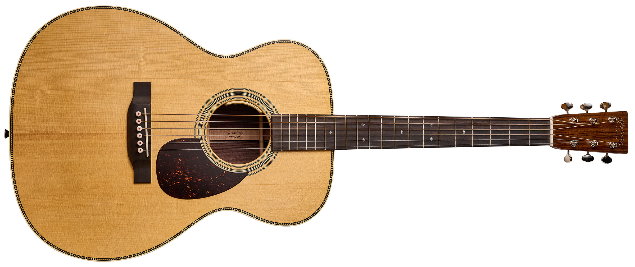 Martin OM-28E with L.R. Baggs Anthem is a stunning update on a classic acoustic, with top-class electronics. Here it is photographed in close-up and against a door with a distressed blue paint-job.