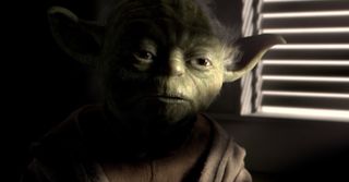 Yoda giving advice to Anakin as light comes in from the shades