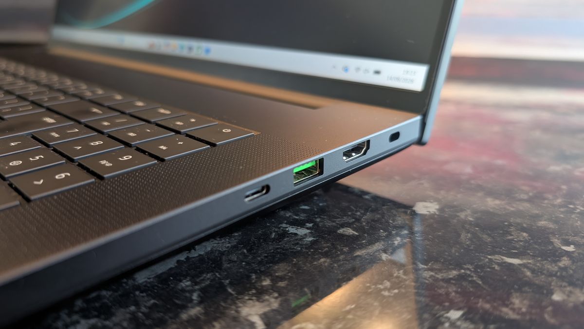The Razer Blade 18 (2026) pictured on a black marble worktop.