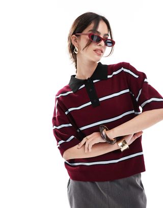 Asos Design Knitted Oversized Polo Shirt in Burgundy Stripe