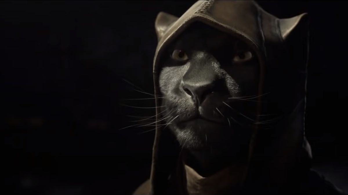 A Khajiit stands in the dark.