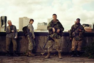 Glenn Close as Dr. Caroline Caldwell, Gemma Arterton as Helen Justineau, Paddy Considine as Sgt. Eddie Parks, and Fisayo Akinade as Pvt. Kieran Gallagher, in "The Girl with All the Gifts."