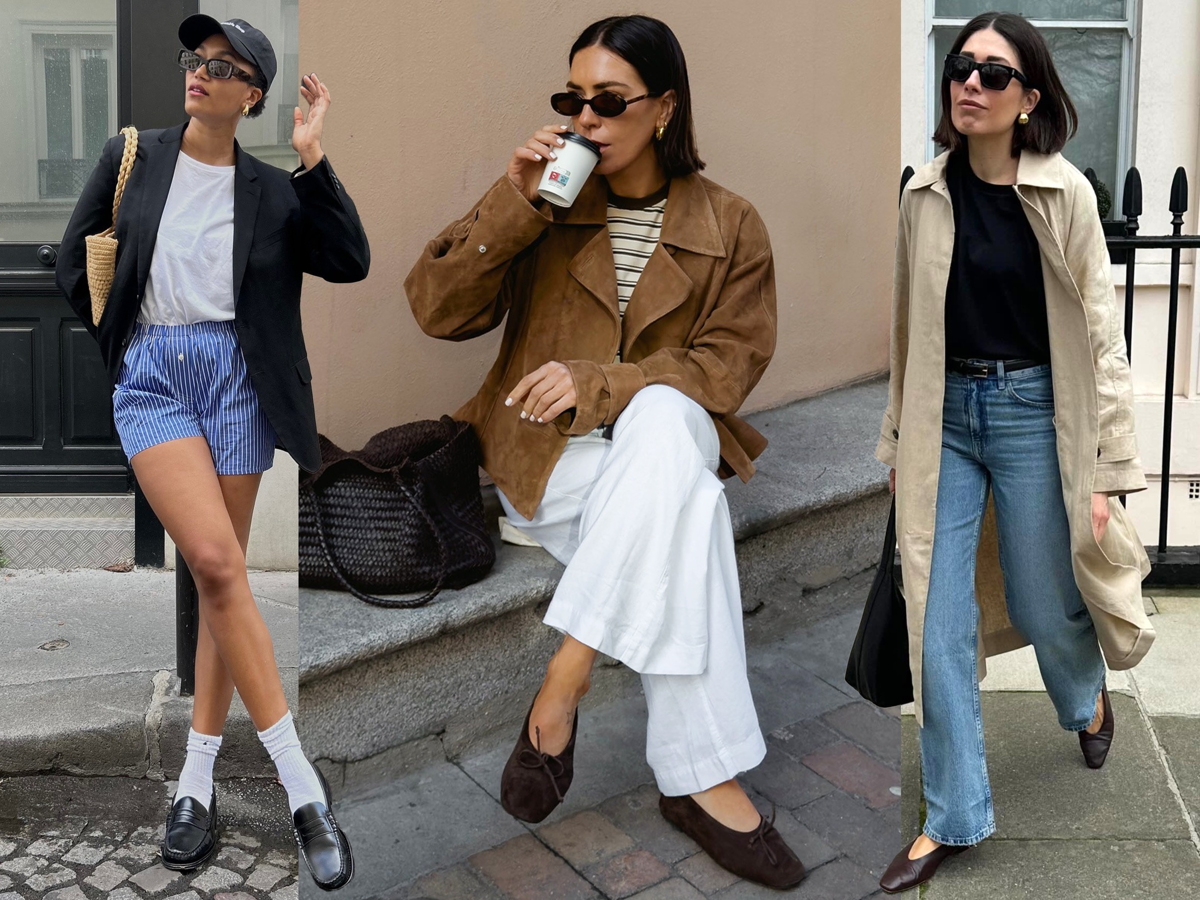 Fashion collage of style influencers Léna Farouil, Jessica Skye, and Lucy Alston wearing stylish outfits with chic flats.