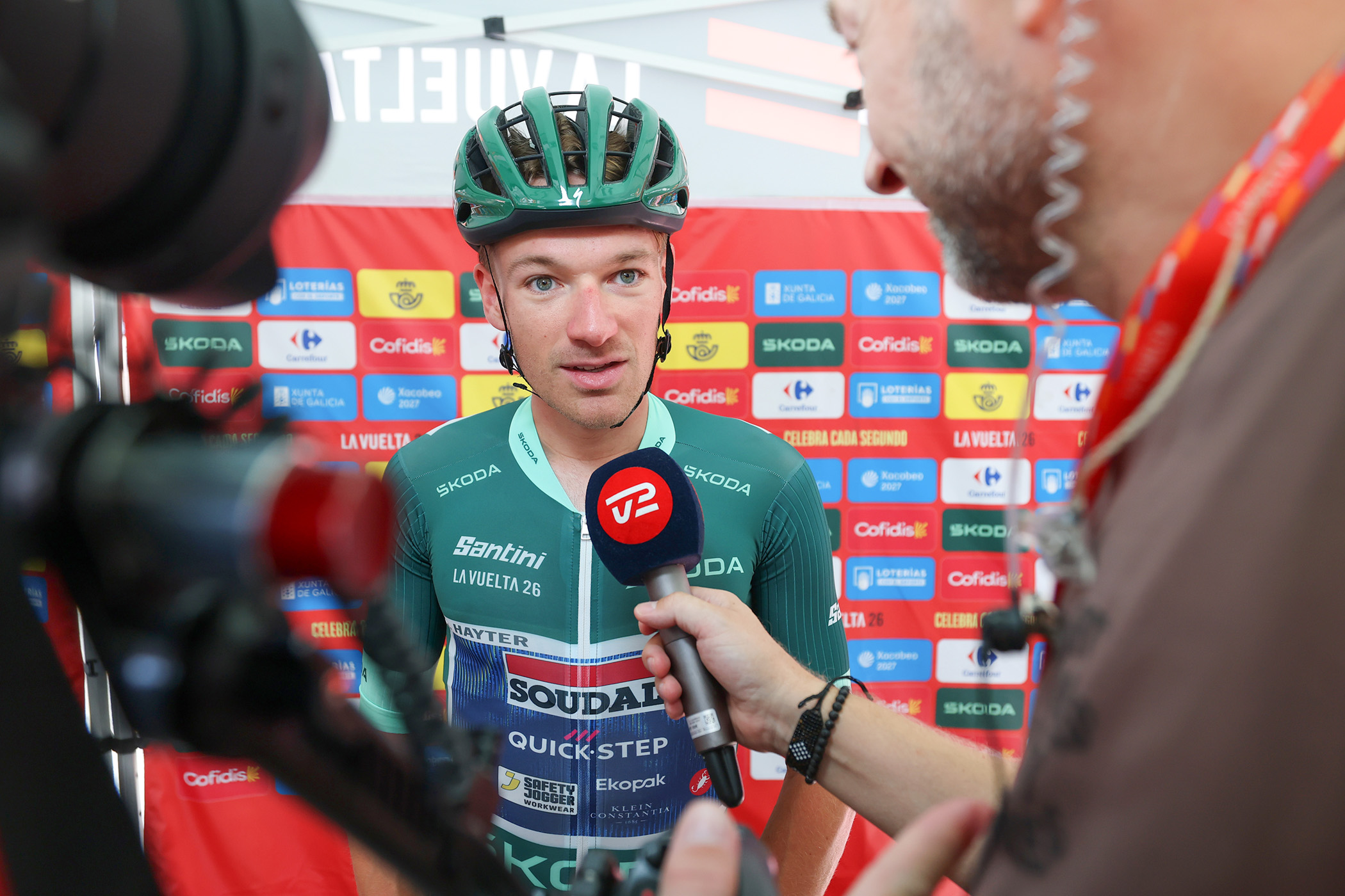 ANDORRA LA VELLA, ANDORRA - AUGUST 25: Ethan Hayter of Great Britain and Team Soudal Quick-Step - Green points jersey meets the media press prior to La Vuelta - 81st Tour of Spain 2026, Stage 4 a 104.8km from Andorra la Vella to Andorra la Vella / #UCIWT / on August 25, 2026 in Andorra la Vella, Andorra. (Photo by Alexander Hassenstein/Getty Images)