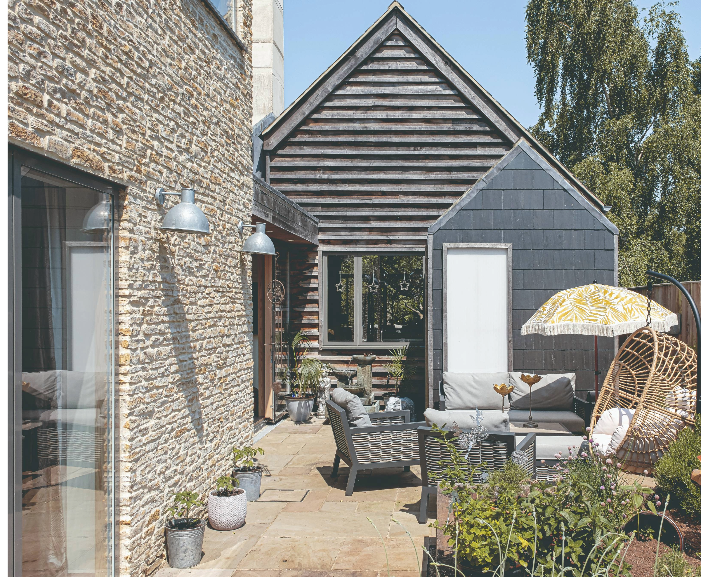 The garden patio to the side of the house