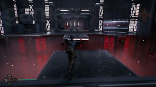 Star Wars Jedi Survivor Koboh imperial base corridor with scout trooper at the end of it