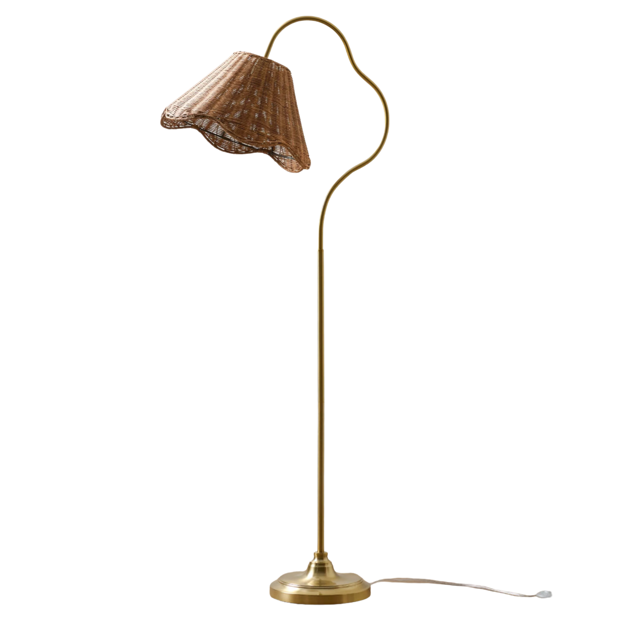 floor lamp with a gold base and a rattan shade