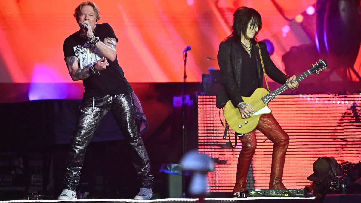 Axl Rose and Richard Fortus of Guns N&#039; Roses perform as the band headline the Pyramid Stage at Day 4 of Glastonbury Festival 2023 on June 24, 2023.