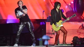Axl Rose and Richard Fortus of Guns N' Roses perform as the band headline the Pyramid Stage at Day 4 of Glastonbury Festival 2023 on June 24, 2023.
