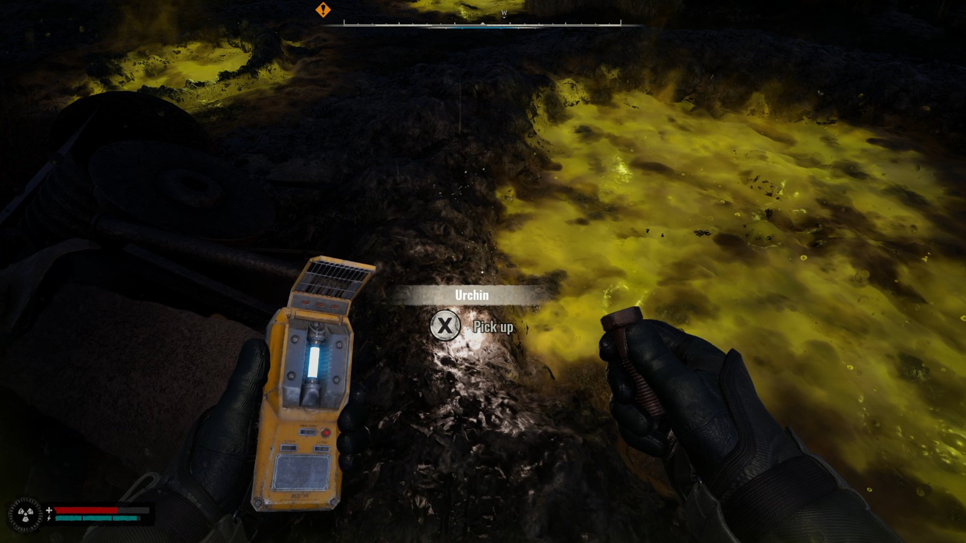 The player wades through green liquid in Stalker 2.